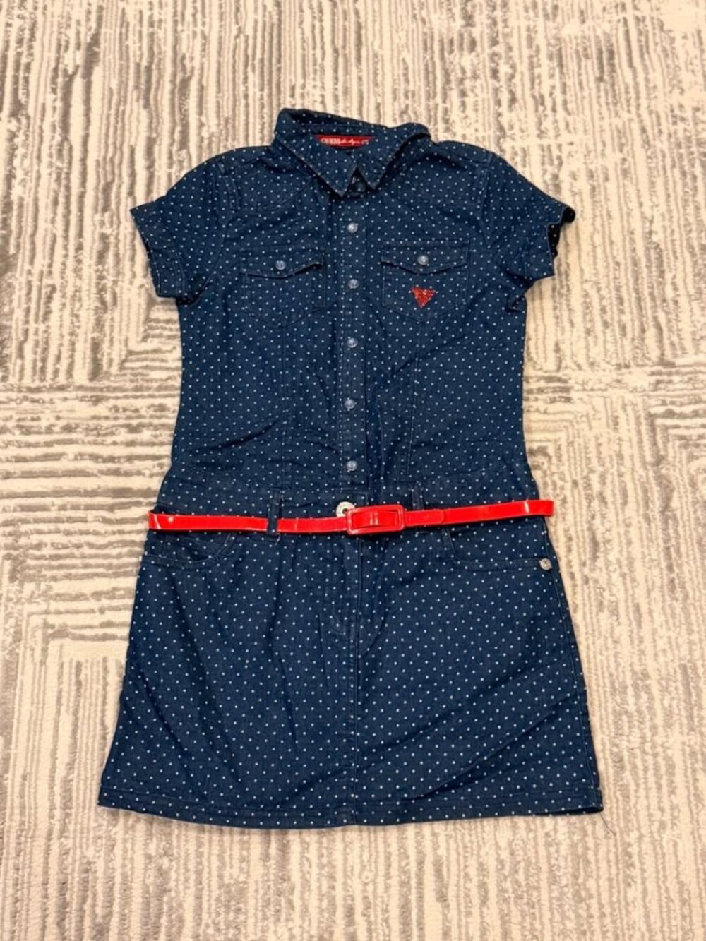 NEW Guess girls youth large size 14 Blue Denim Polka Dot Dress MSRP $64.99